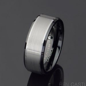 Black Tungsten Wedding band Brushed beveled Tungsten Ring Mens Wedding Band Mens Gift 8mm Two Tone Ring Free Laser Engraving