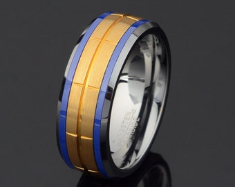 Yellow Gold Tungsten Wedding Band Three Tone Ring Mens Wedding Band 8mm Ring Grooved Center ring Personalized Ring Free Laser Engraving