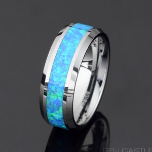 Blue Opal Tungsten Wedding Band, 8mm Mens Ring, Free Engraving