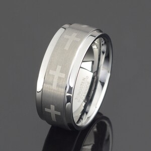 Gray Tungsten Ring Mens Cross wedding Band Cross Ring 9mm Band Mens Wedding Ring Personalized Ring Free Laser Engraving