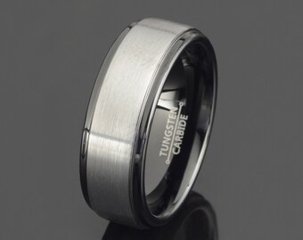 Gray Tungsten Wedding Band 8mm: Brushed Flat Ring, Stepped Edge, Free Engraving