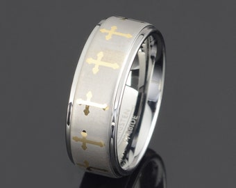 Gray Tungsten Ring Mens Cross wedding Band Cross Ring 8mm Band Mens Wedding Ring Personalized Ring Free Laser Engraving