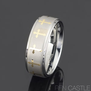 Gray Tungsten Ring Mens Cross wedding Band Cross Ring 8mm Band Mens Wedding Ring Personalized Ring Free Laser Engraving