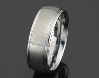 Gray Tungsten Wedding Ring: Brushed Beveled Band, 8mm, Free Engraving