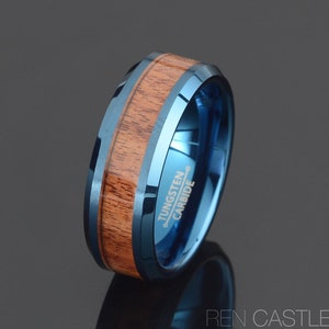 Blue Tungsten Wedding Band: Hawaiian Koa Wood Inlay, 8mm, Free Engraving