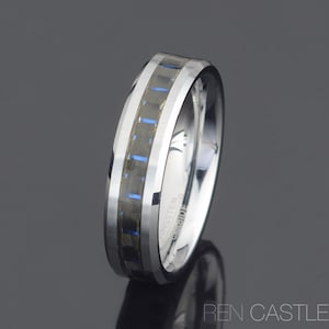 Gray Tungsten Wedding Band: Blue Carbon Fiber Inlay, 6mm, Free Engraving