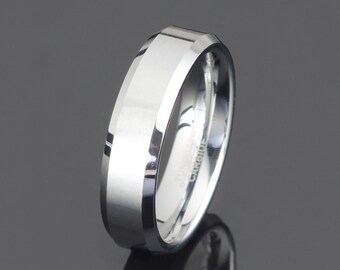 Gray Tungsten Wedding Band: Polished Beveled Ring, 6mm (Free Engraving)
