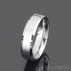 Gray Tungsten Wedding Band: Polished Beveled Ring, 6mm (Free Engraving)
