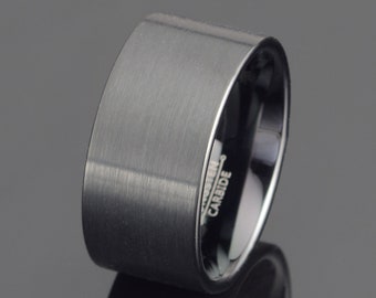 Brushed Black Tungsten Ring, 12mm Flat Wedding Band, Free Engraving