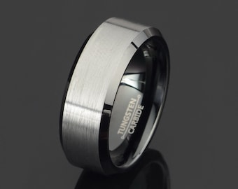 Brushed Gray Tungsten Wedding Band, Black Beveled Edge, 8mm, Mens Ring