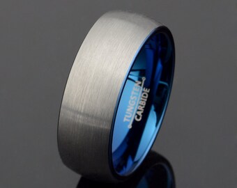 Alliance bombée en tungstène brossé 8 mm : intérieur bleu, gravure gratuite