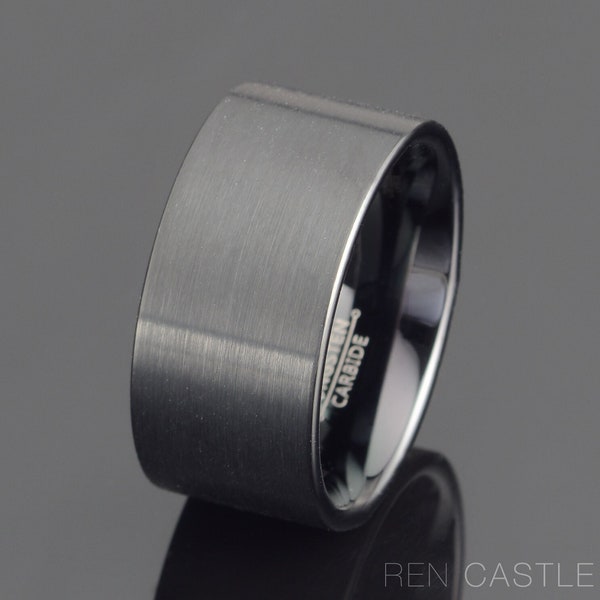 Brushed Black Tungsten Ring, 12mm Flat Wedding Band, Free Engraving