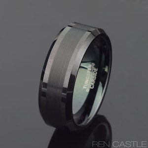 Black Tungsten Ring: Brushed Inlay, Beveled Wedding Band, Free Engraving