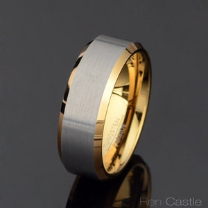 Brushed Tungsten Wedding Band: Yellow Gold Plated, 8mm, Free Engraving