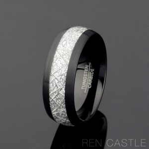 Black Brushed Tungsten Wedding Band: Meteorite Inlay, 8mm, Personalized