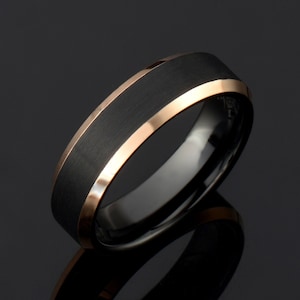Black Tungsten Ring: Rose Gold Inlay, Brushed Mens Wedding Band (6mm)