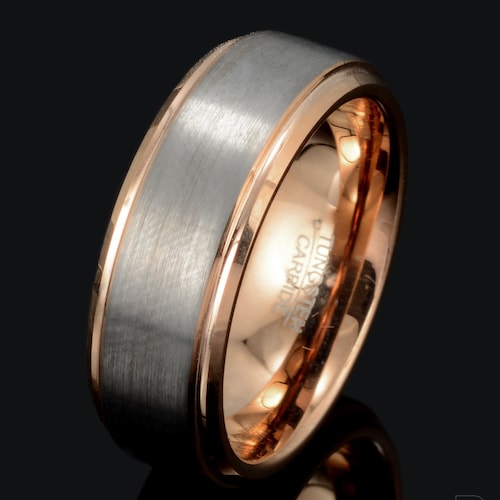 Rose Gold Gold buy Tungsten Wedding Band, Gray Rose Gold Tungsten Ring, Brushed Two Tone Tungsten Ring, Mens Tungsten Ring, Anniversary Ring