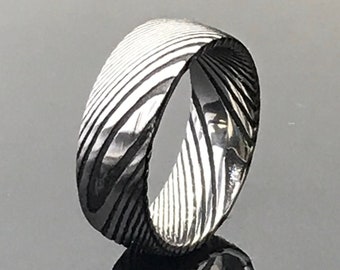 Damascus Steel Mens Wedding Band: Wood Grain Dome Ring