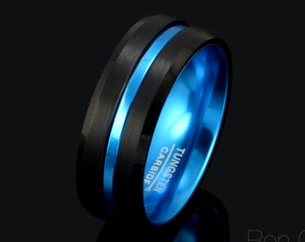 Bague en tungstène bleu : alliance pour homme bicolore brossée, 8 mm