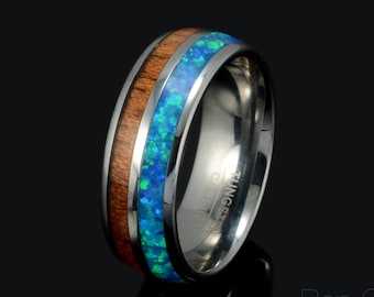 Koa Wood Tungsten Ring: Blue Opal Inlay, Men's Wedding Band