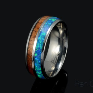 Koa Wood Ring, Men's Wedding Band, Blue Opal Ring, Men's Wedding Band, Men's Tungsten Ring, Tungsten Wedding Band, Anniversary Ring 8mm