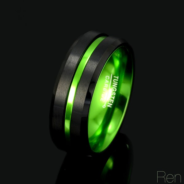 groene wolfraam ring, mannen trouwring, twee toon wolfraam, mannen gift ring, verjaardag ring, wolfraam bruiloft band, gegroefde 8mm ring