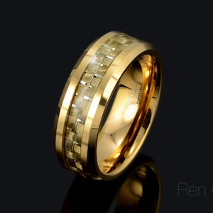 Yellow Tungsten Band, Men&#39;s Wedding Band, Tungsten Wedding Ring, Carbon Fiber Ring, Yellow Carbon Fiber Inlay, Yellow Gold Ring, 8mm Ring
