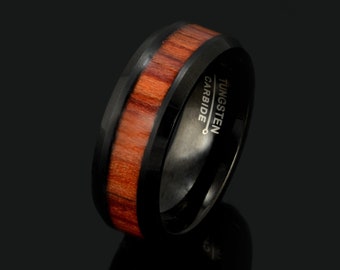 Black Tungsten Ring, Tungsten Wood Ring, Hawaiian Koa Wood, Men's Wedding Band, Tungsten Wedding Ring, Wooden Ring, Anniversary Band 8mm