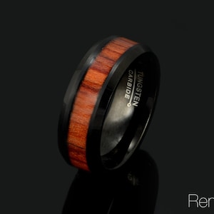 Black Tungsten Ring, Tungsten Wood Ring, Hawaiian Koa Wood, Men's Wedding Band, Tungsten Wedding Ring, Wooden Ring, Anniversary Band 8mm