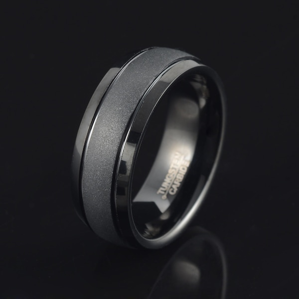 Black Tungsten Ring, Sandblasted, Men's Wedding Band, Tungsten Wedding Ring, Anniversary Band, Grooved Ring,  Black Tungsten Band, 8mm Ring