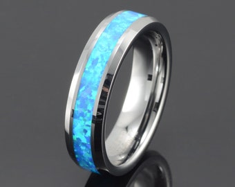 Blue Opal Tungsten Wedding Band - 6mm Mens Ring