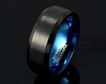 Alliance bicolore en tungstène : anneau noir brossé, intérieur bleu, 8 mm