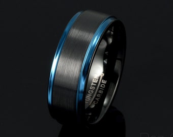 Two Tone Tungsten Ring Mens Wedding Band Durable Black Brushed Finish Blue Edges 8mm