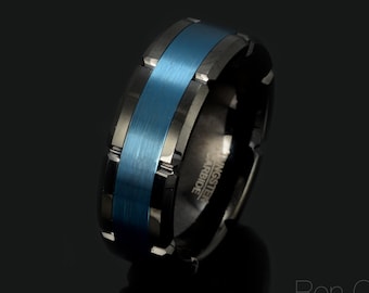 Bague en tungstène bleu brossé - Alliance pour homme bicolore 8 mm