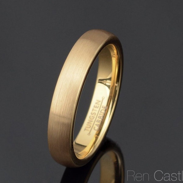 Yellow Gold Tungsten Wedding Band, 4mm, Brushed Ring, Domed Surface