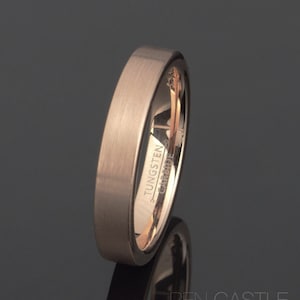 Tungsten Wedding Band Rose Gold Plated Tungsten Wedding Ring 4mm Width Brushed Pipe Cut Flat Ring Free Laser Engraving Personalized Ring