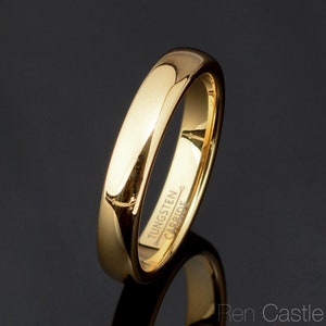 Polished Yellow Gold Tungsten Ring, 4mm Domed Wedding Band, Free Engraving