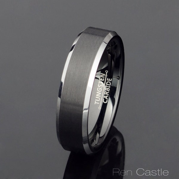 Black Tungsten Ring 6mm width Flat Surface Brushed Center Polished beveled edges Tungsten Wedding Ring Mens Women's Ring  Two Tone Ring