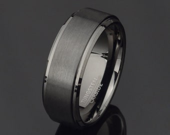 Black Brushed Tungsten Wedding Band - 8mm Mens Ring - Custom Engraved