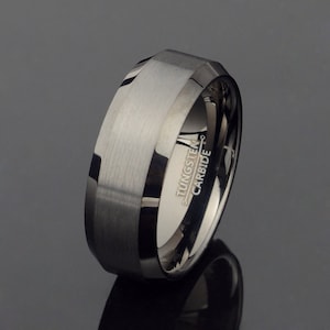 Gunmetal Black Tungsten Ring: Brushed Flat Band, Beveled Edge