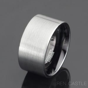 Gray Tungsten wedding band 12mm width Flat Tungsten Ring Brushed Wedding Band Mens Wedding Ring Personalized Ring Free Laser Engraving
