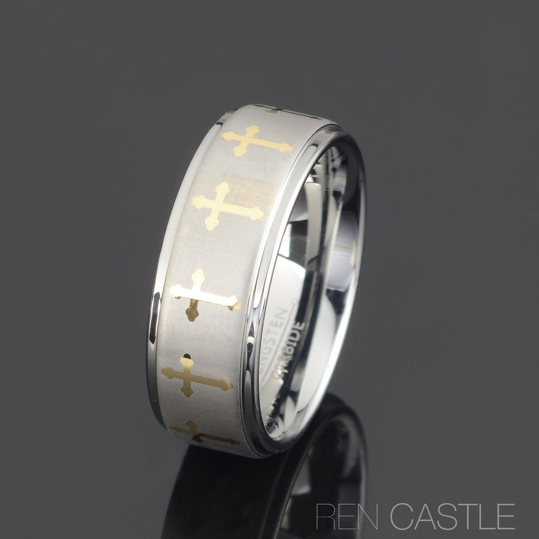 Gray Tungsten Ring Mens Cross Wedding Band Cross Ring 8mm Band Etsy