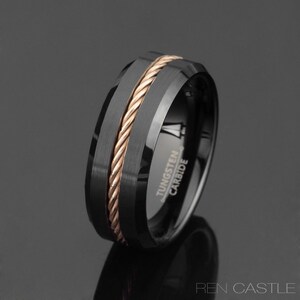 Black Tungsten Wedding Band Rose Gold Plated Rope Inlay Mens Ring Mens Wedding Band Anniversary Ring 8mm Mens Free Laser Engraving