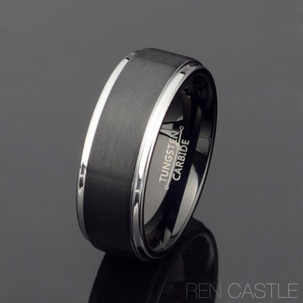 Black Tungsten wedding Ring Mens Wedding Band 8mm Ring Brushed Stepped Tungsten Band Personalized Ring Free Laser Engraving Two Tone Band
