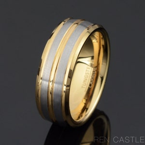 Yellow Tungsten Wedding band Brushed Grooved Tungsten Ring Mens Wedding Band Mens Gift 8mm Two Tone Ring Free Laser Engraving