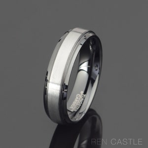 Black Tungsten Wedding band Brushed Stepped Tungsten Ring Mens Wedding Band Mens Gift 6mm Two Tone Ring Free Laser Engraving