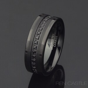 Mens Tungsten Wedding Band Black Tungsten Ring Brushed Polished Wedding Ring Black CZ Eternity Ring 8mm Tungsten Ring Free Laser Engraving