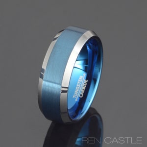 Blue Tungsten Wedding Band Mens Wedding Ring 8mm Ring Mens Gift Ring Brushed band Mens Wedding Band Personalized Ring Free Laser Engraving