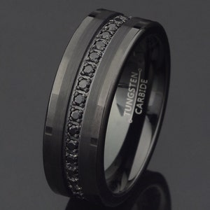 Mens Tungsten Wedding Band Black Tungsten Ring Brushed Polished Wedding Ring Black CZ Eternity Ring 8mm Tungsten Ring Free Laser Engraving