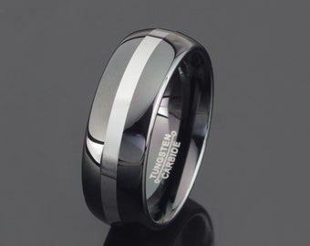 Black Tungsten Wedding Band Single Line Tungsten Ring Mens Wedding Band Mens Gift 8mm Ring Personalized Ring Free Laser Engraving